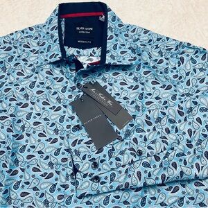 NWT SILVER STONE Men’s Blue Paisley Modern Fit Long Sleeve Button Down Shirt